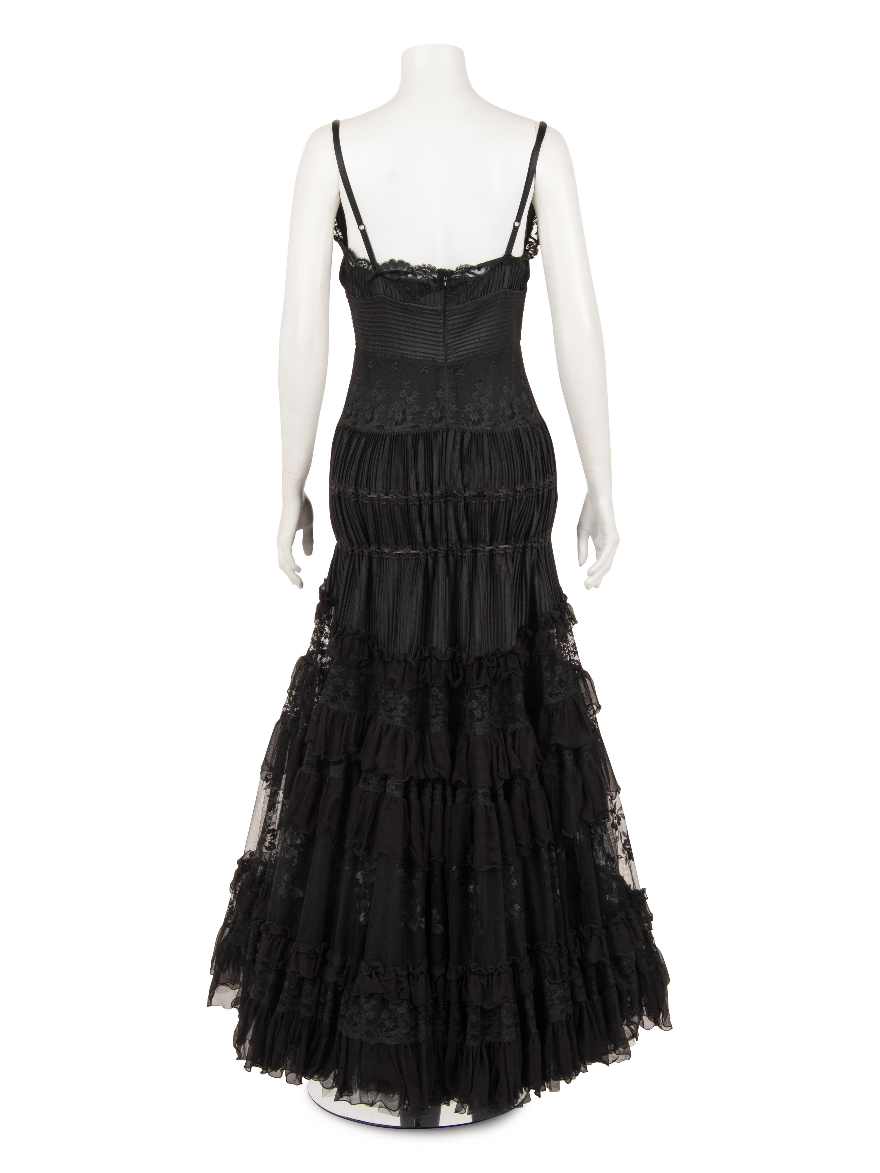 Elie Saab Strapless Evening Dress with Pintucks, Lace, and Ruffles, 2010s