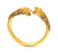 A High Karat Yellow Gold and Polychrome Enamel Bypass Bracelet/Armband, 73.70 dwts.