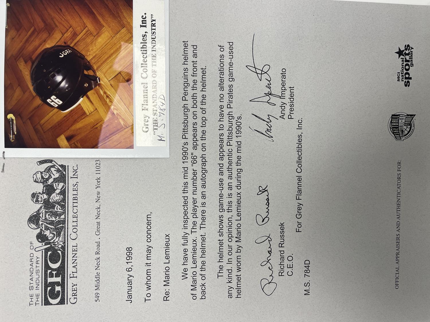 A Mario Lemieux Signed Autograph Game Used Jofa Hockey Helmet (Grey Flannel Letter, Beckett Authentication Services Sticker)