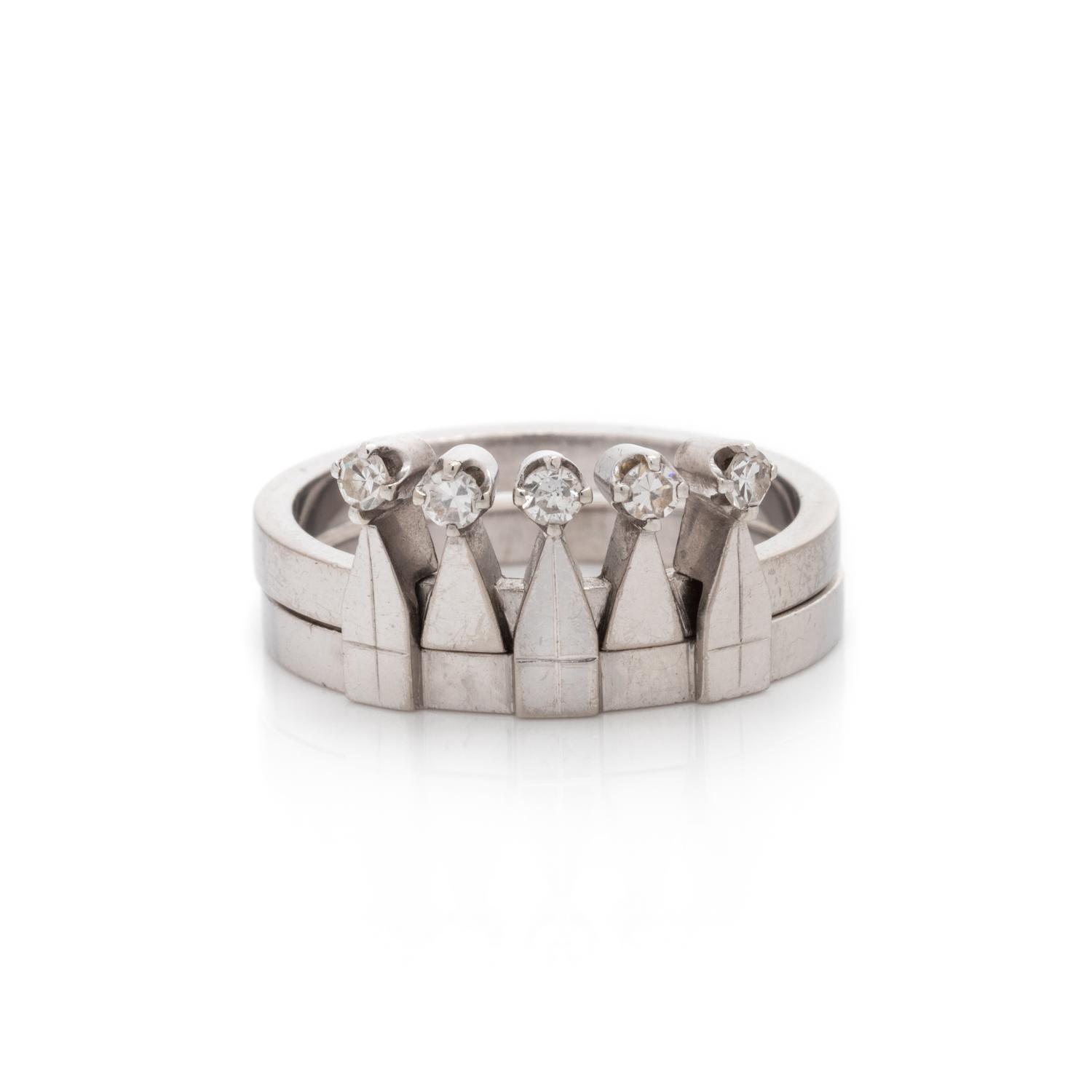 SWEDISH, MODERNIST, WHITE GOLD AND DIAMOND CROWN INTERLOCKING RING SET