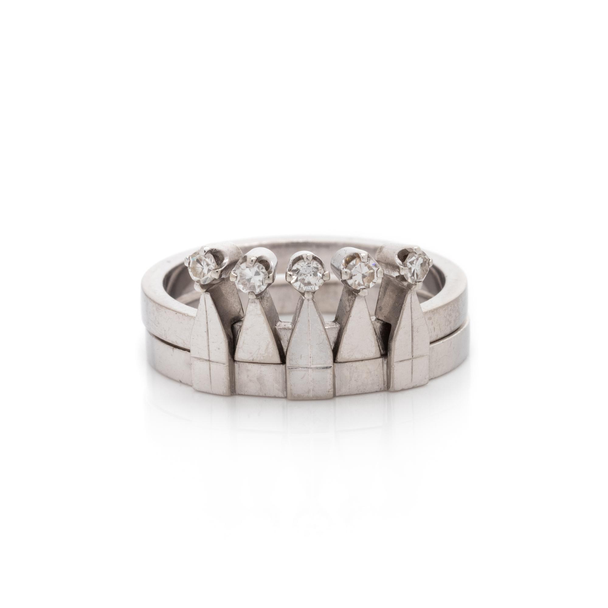 SWEDISH, MODERNIST, WHITE GOLD AND DIAMOND CROWN INTERLOCKING RING SET