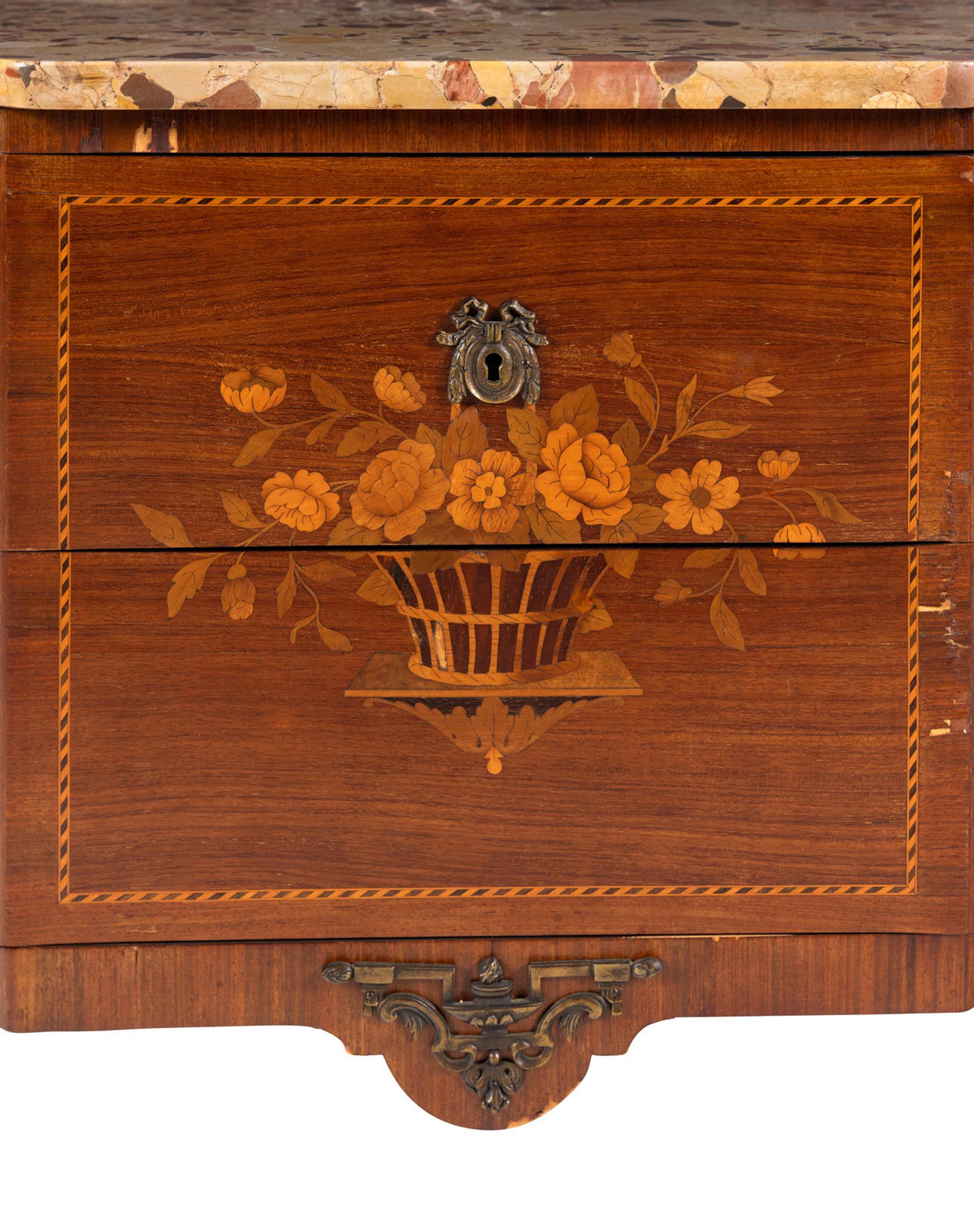 A Louis XV/XVI Transitional Style Marquetry Marble-Top Commode