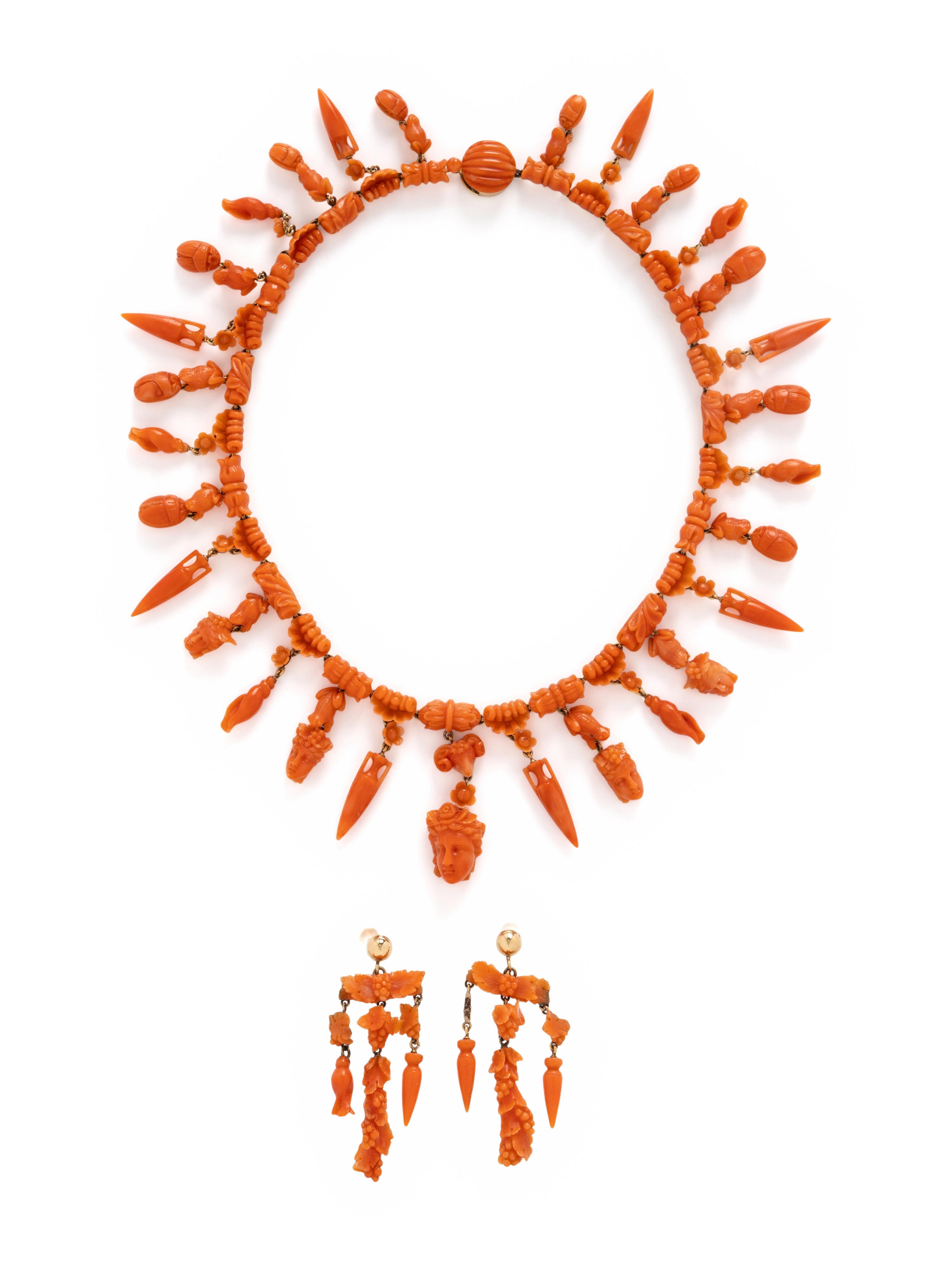 VICTORIAN, ETRUSCAN REVIVAL, CORAL JEWELRY SET