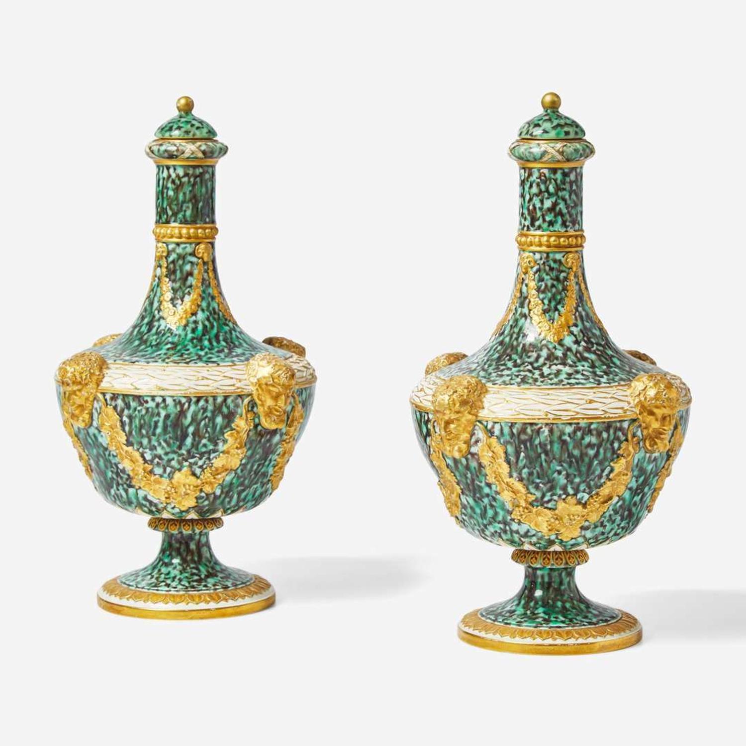 A Pair of Wedgwood Queensware Barber Bottle Vases with Covers UK, 1870s