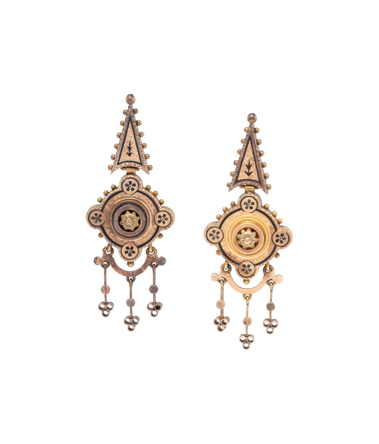 VICTORIAN, GOLD AND ENAMEL EARRINGS