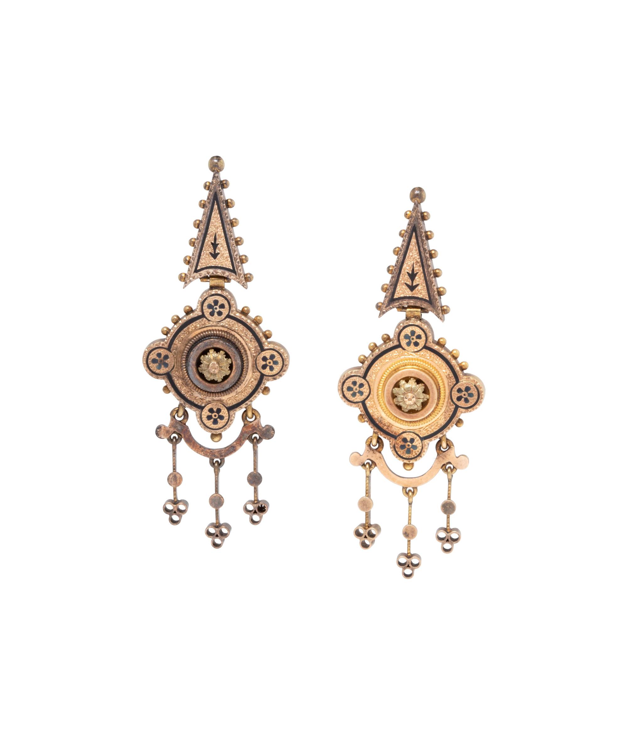 VICTORIAN, GOLD AND ENAMEL EARRINGS