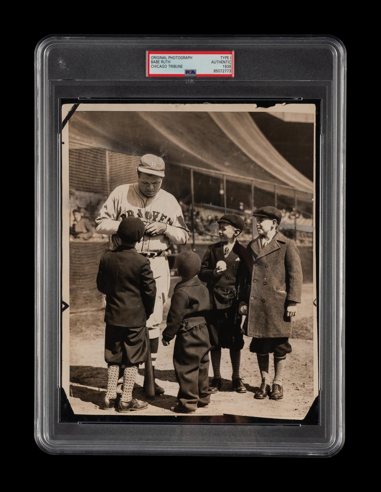 A Marvelous 1935 Babe Ruth Type One Photograph of Ruth Happily Signing Autographs for Young Fans (PSA Encapsulated)