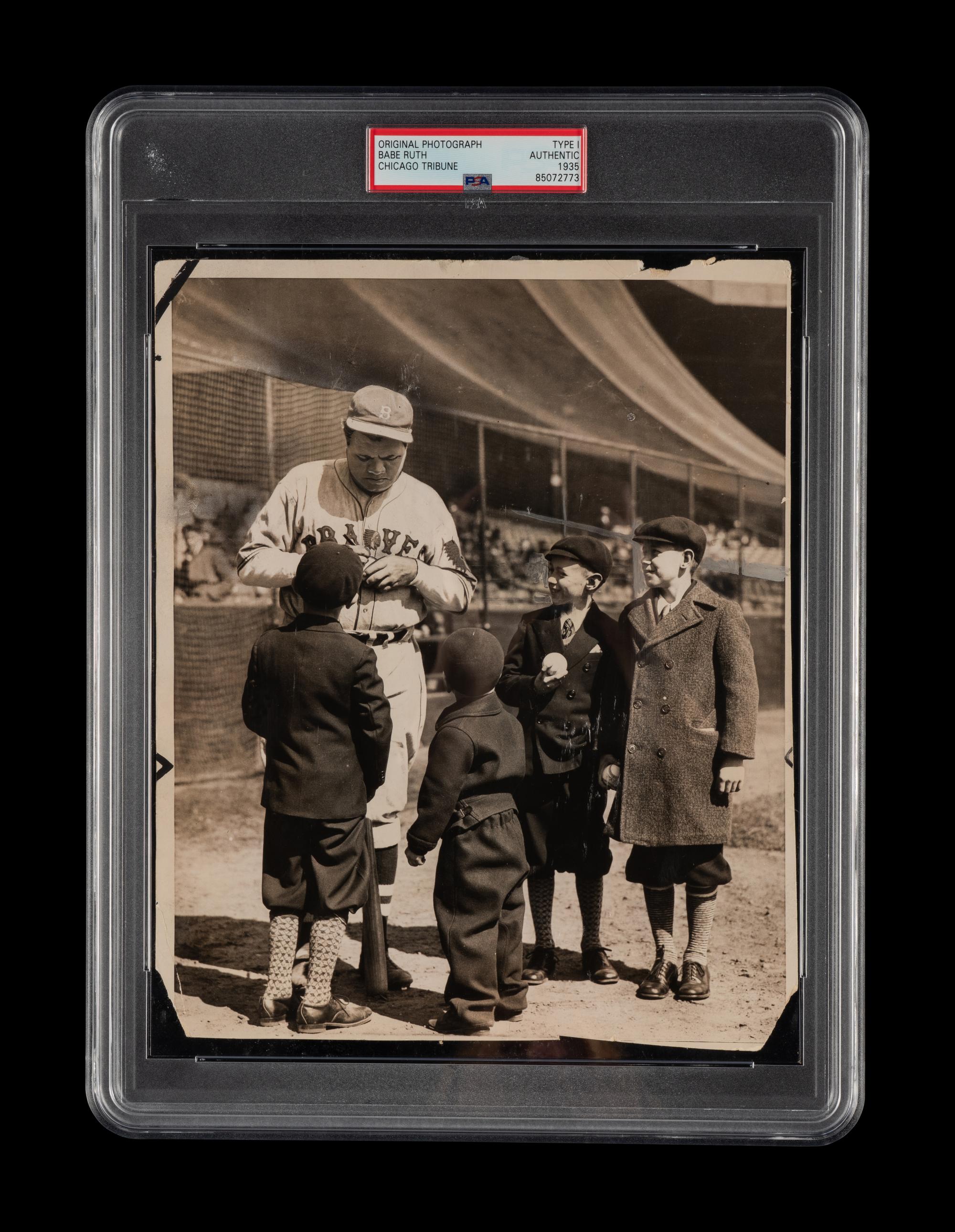 A Marvelous 1935 Babe Ruth Type One Photograph of Ruth Happily Signing Autographs for Young Fans (PSA Encapsulated)