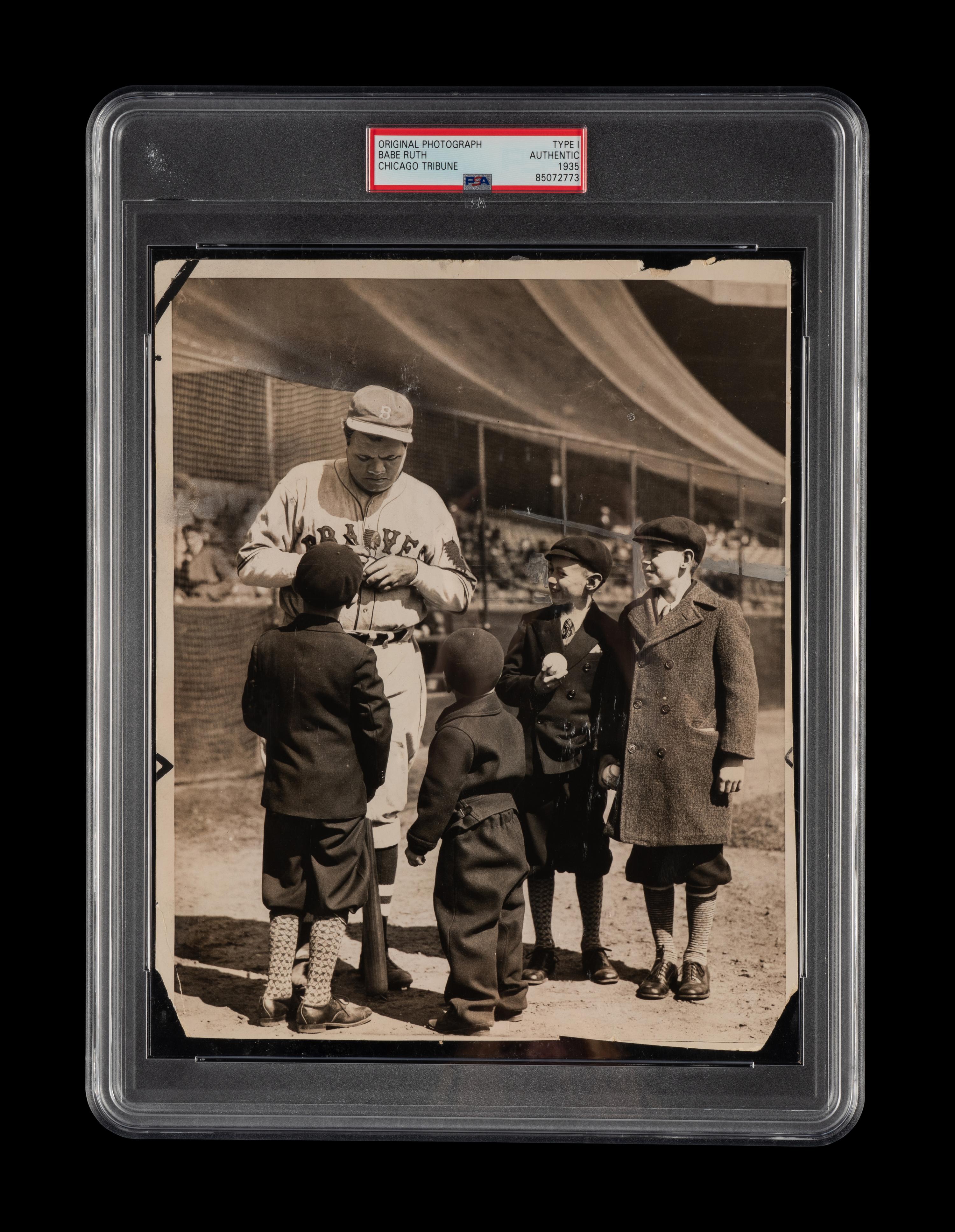 A Marvelous 1935 Babe Ruth Type One Photograph of Ruth Happily Signing Autographs for Young Fans (PSA Encapsulated)
