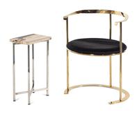 A Contemporary Brass and Haircalf Chair and a Contemporary Petrified Wood and Steel Side Table