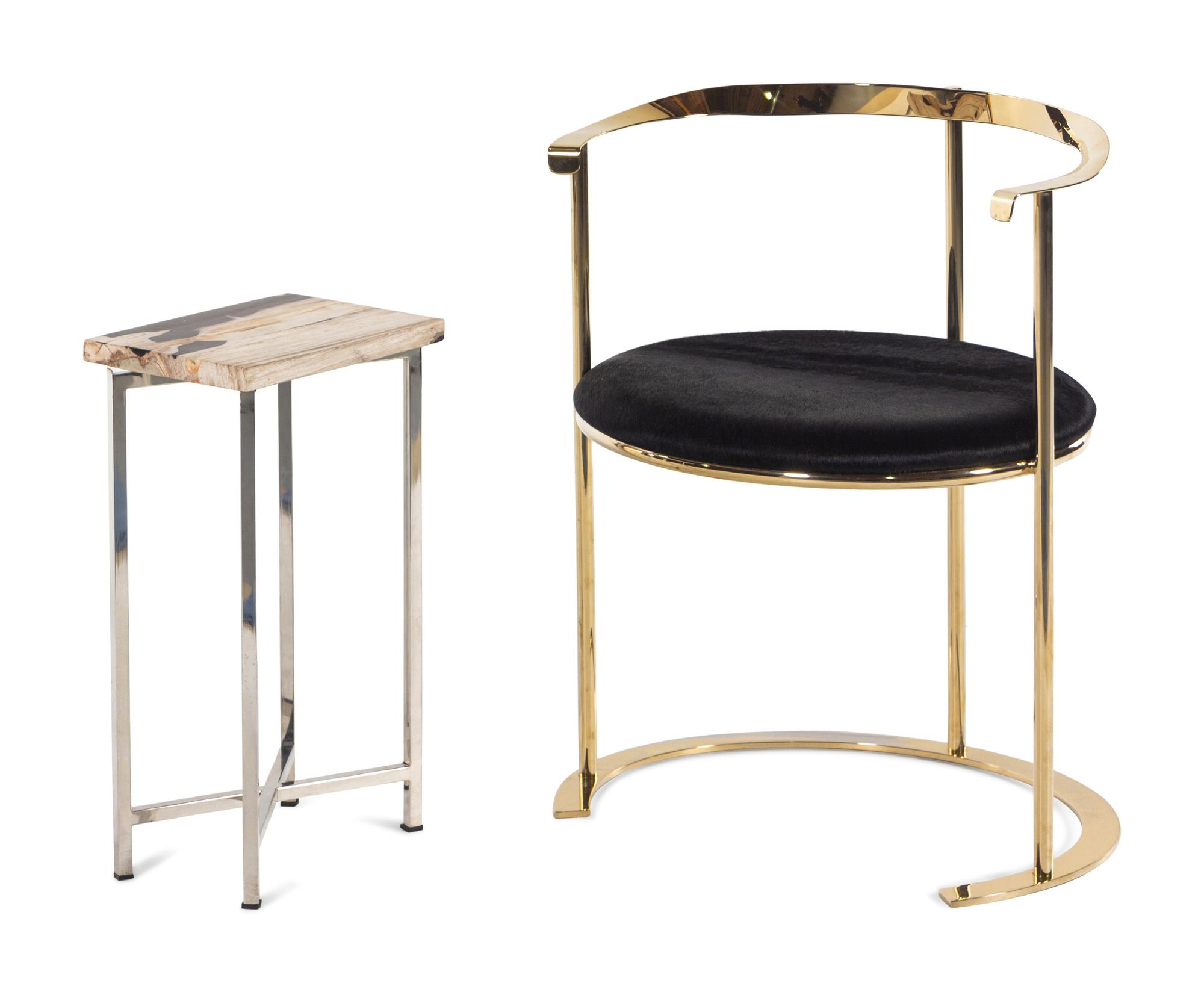 A Contemporary Brass and Haircalf Chair and a Contemporary Petrified Wood and Steel Side Table