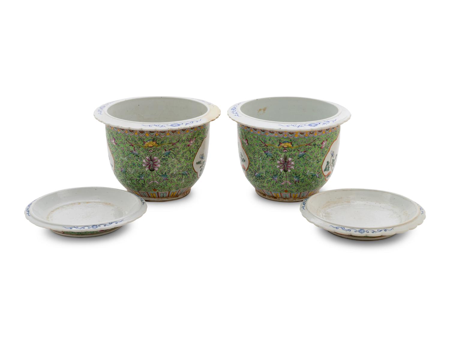 A Pair of Apple Green Ground Famille Rose Flower Pots and Stands