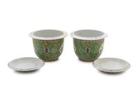 A Pair of Apple Green Ground Famille Rose Flower Pots and Stands