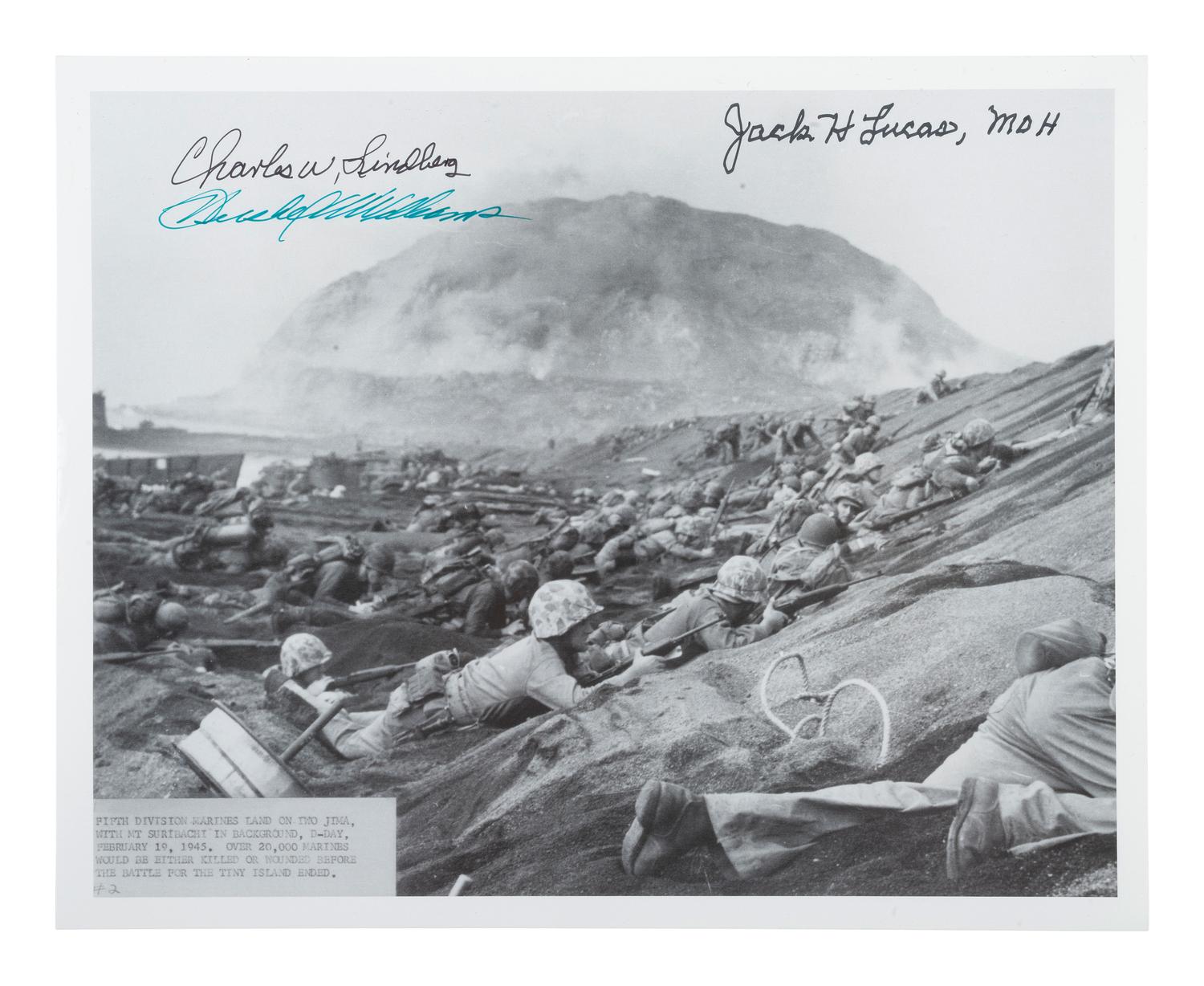 [WWII -- IWO JIMA]. Signatures of Iwo Jima veterans, incl. flag raiser Charles W. Lindberg.