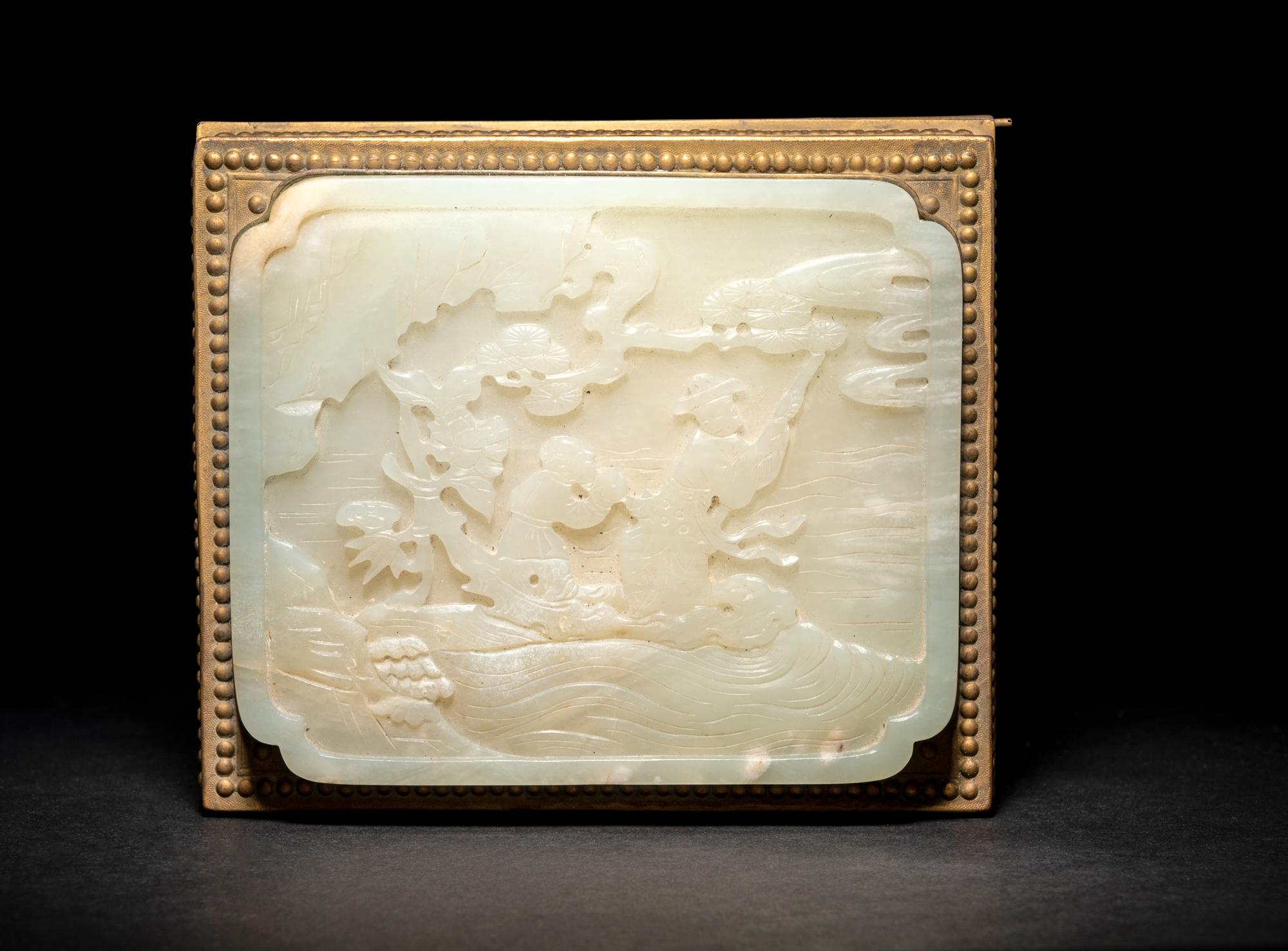 A Celadon Jade Inset Brass Box