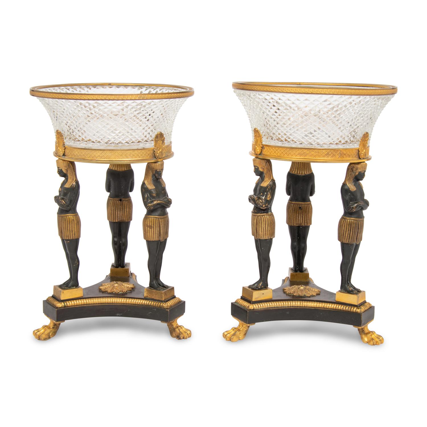 A Pair of Egyptian Revival Patinated and Parcel-Gilt Bronze and Cut-Glass Centerpieces