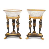 A Pair of Egyptian Revival Patinated and Parcel-Gilt Bronze and Cut-Glass Centerpieces