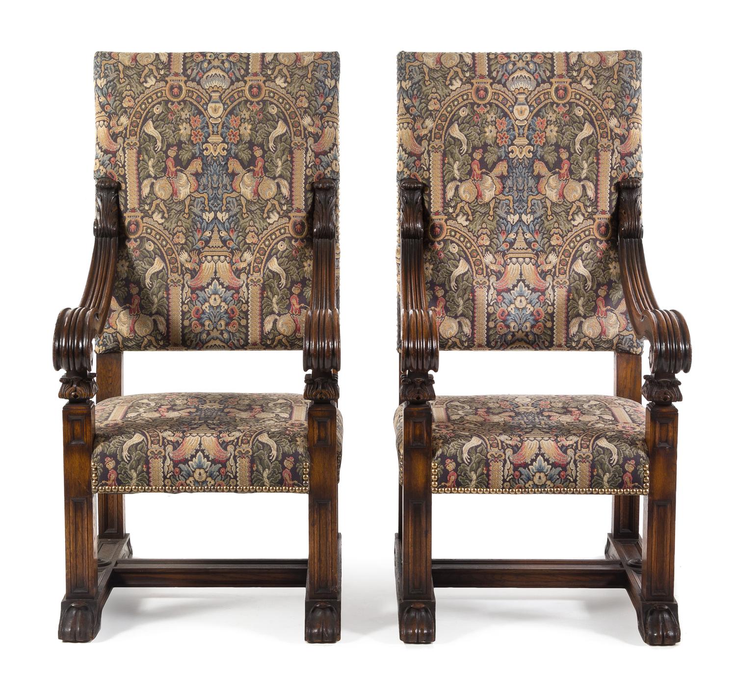A Pair of Oak Renaissance Revival Open Arm Chairs Height 55 1/4 x width 26 1/2 x depth 28 1/2 inches. — 19TH CENTURY