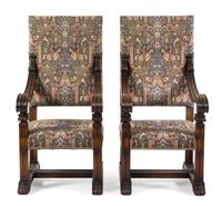 A Pair of Oak Renaissance Revival Open Arm Chairs Height 55 1/4 x width 26 1/2 x depth 28 1/2 inches. — 19TH CENTURY