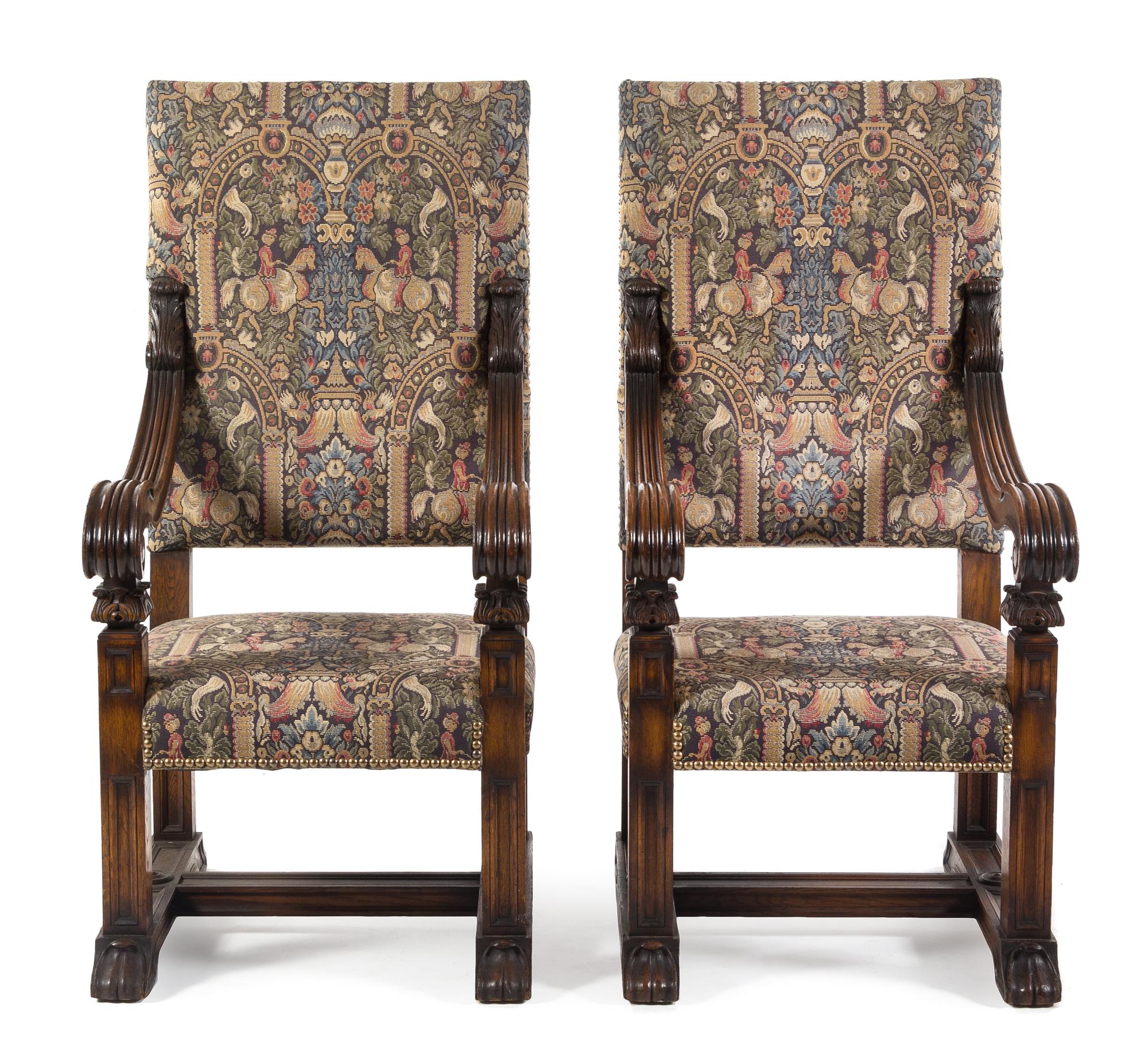 A Pair of Oak Renaissance Revival Open Arm Chairs Height 55 1/4 x width 26 1/2 x depth 28 1/2 inches. — 19TH CENTURY