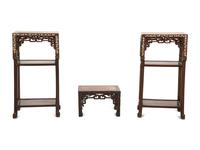 A Pair of Chinese Mother-of-Pearl Inlaid Marble Top Side Tables and a Smaller Low Table