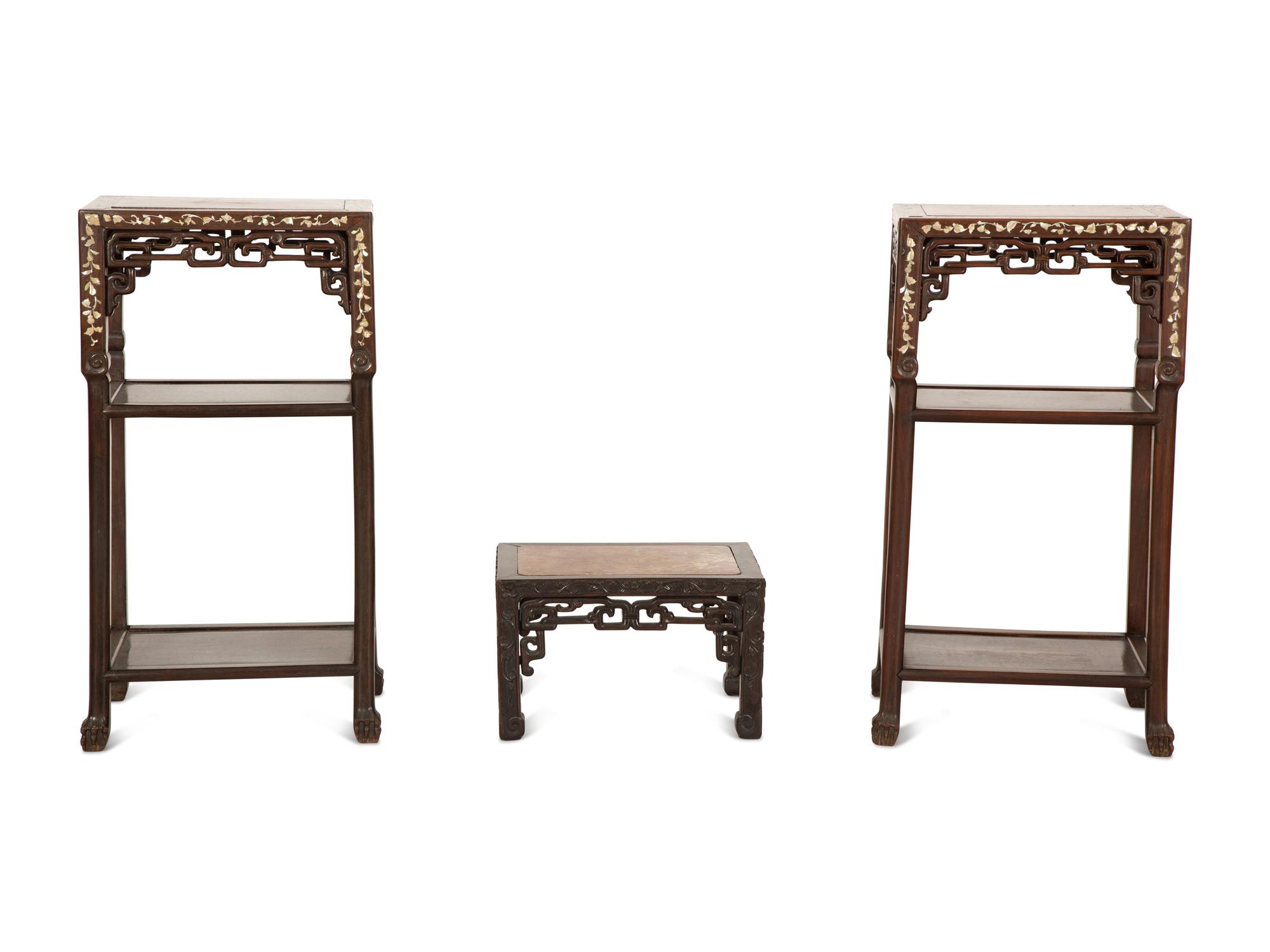 A Pair of Chinese Mother-of-Pearl Inlaid Marble Top Side Tables and a Smaller Low Table