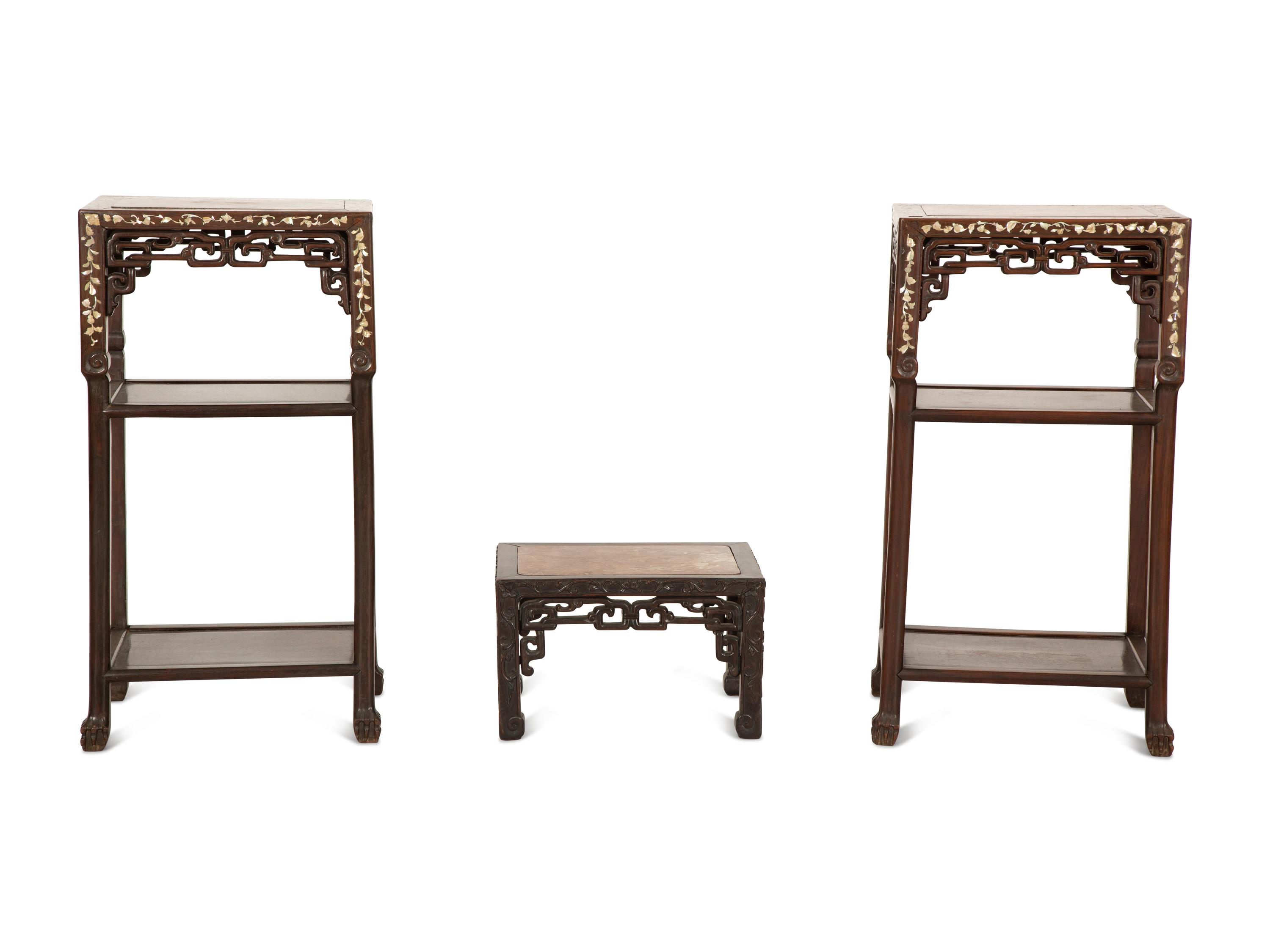 A Pair of Chinese Mother-of-Pearl Inlaid Marble Top Side Tables and a Smaller Low Table