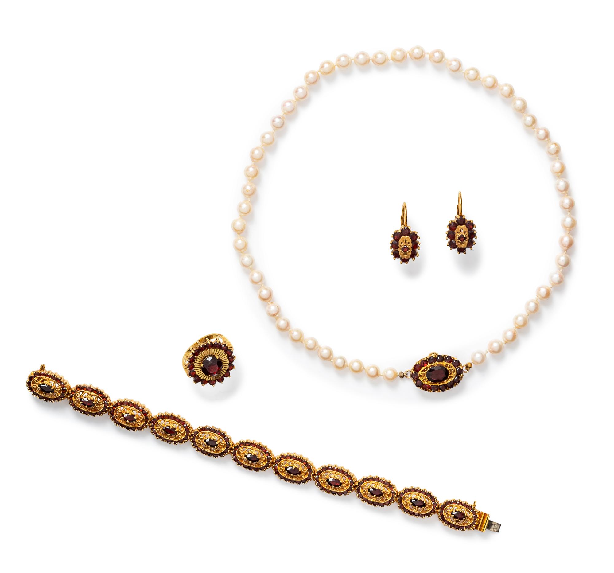 A Collection of Yellow Gold and Garnet Jewelry,