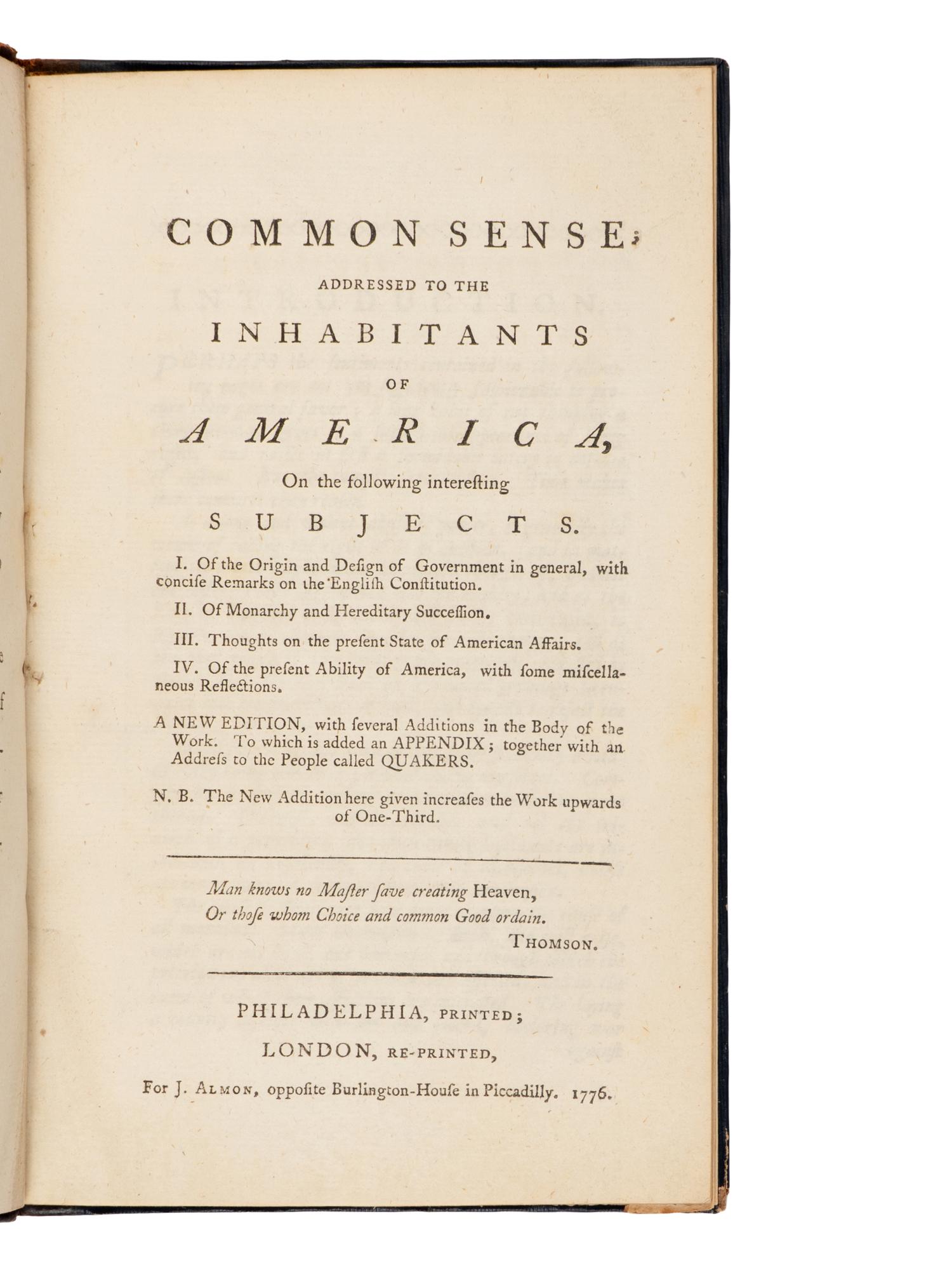 [Americana] (Paine, Thomas). Common Sense; Addressed to the Inhabitants of America...