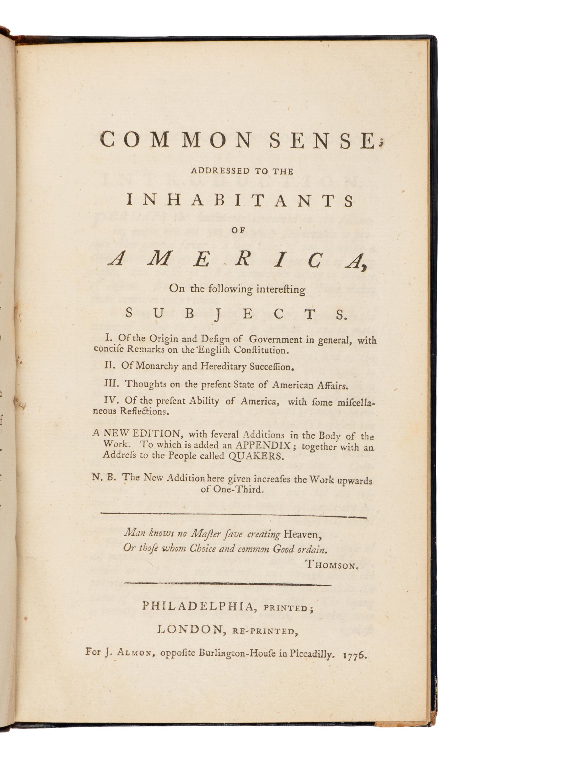 [Americana] (Paine, Thomas). Common Sense; Addressed to the Inhabitants of America...