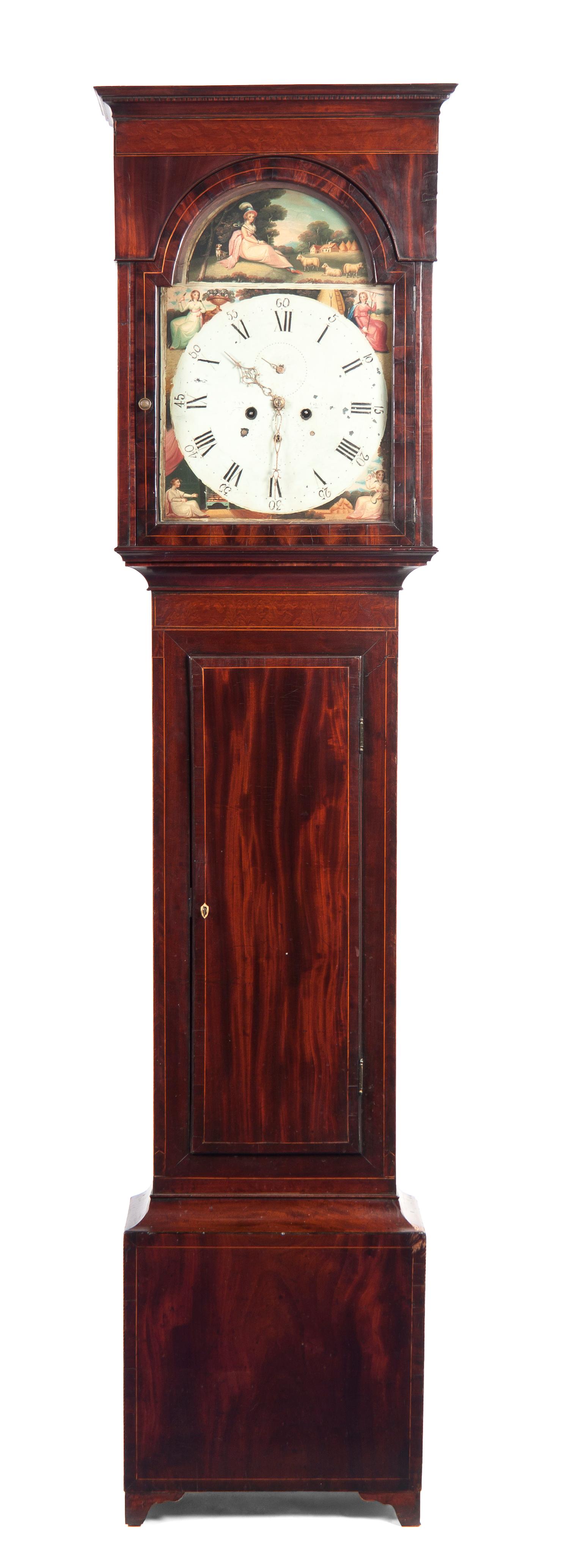An English Mahogany Tall Case Clock, Height overall 86 1/2 inches.