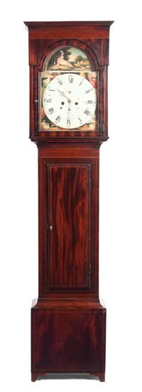 An English Mahogany Tall Case Clock, Height overall 86 1/2 inches.