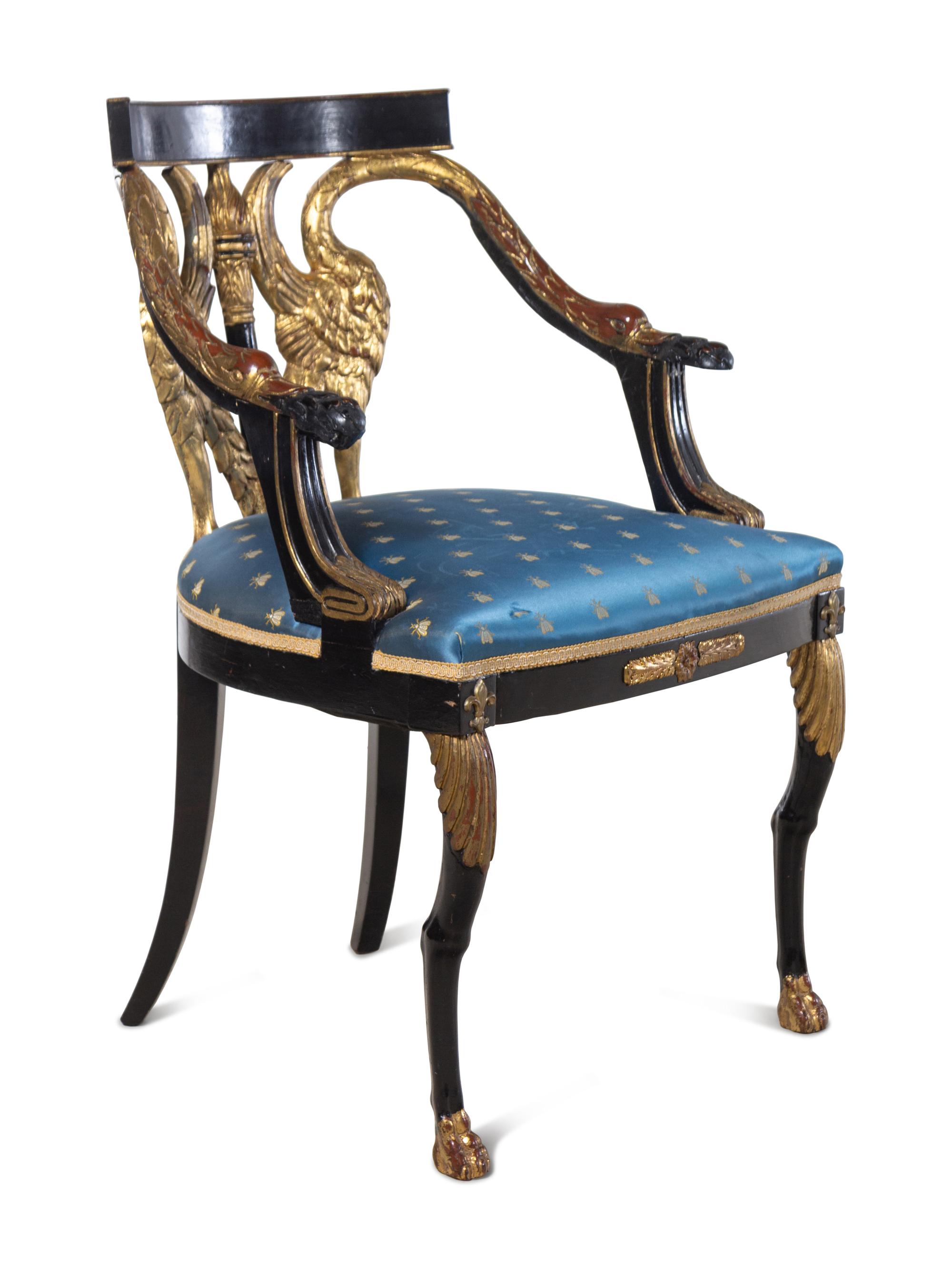 Two Empire Style Parcel Gilt Ebonized Armchairs