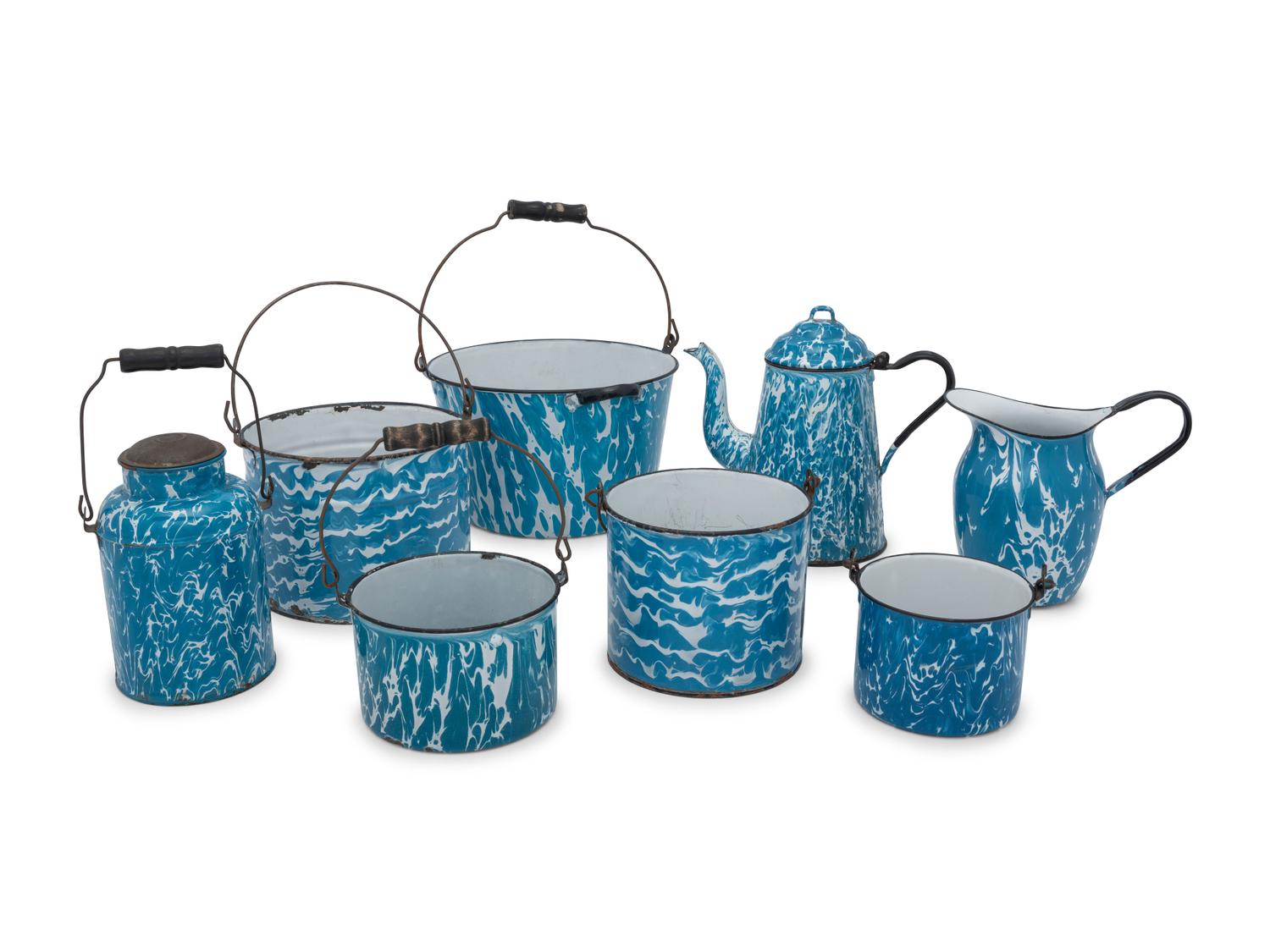 Eight Chrysolite Enameled Graniteware Table Articles