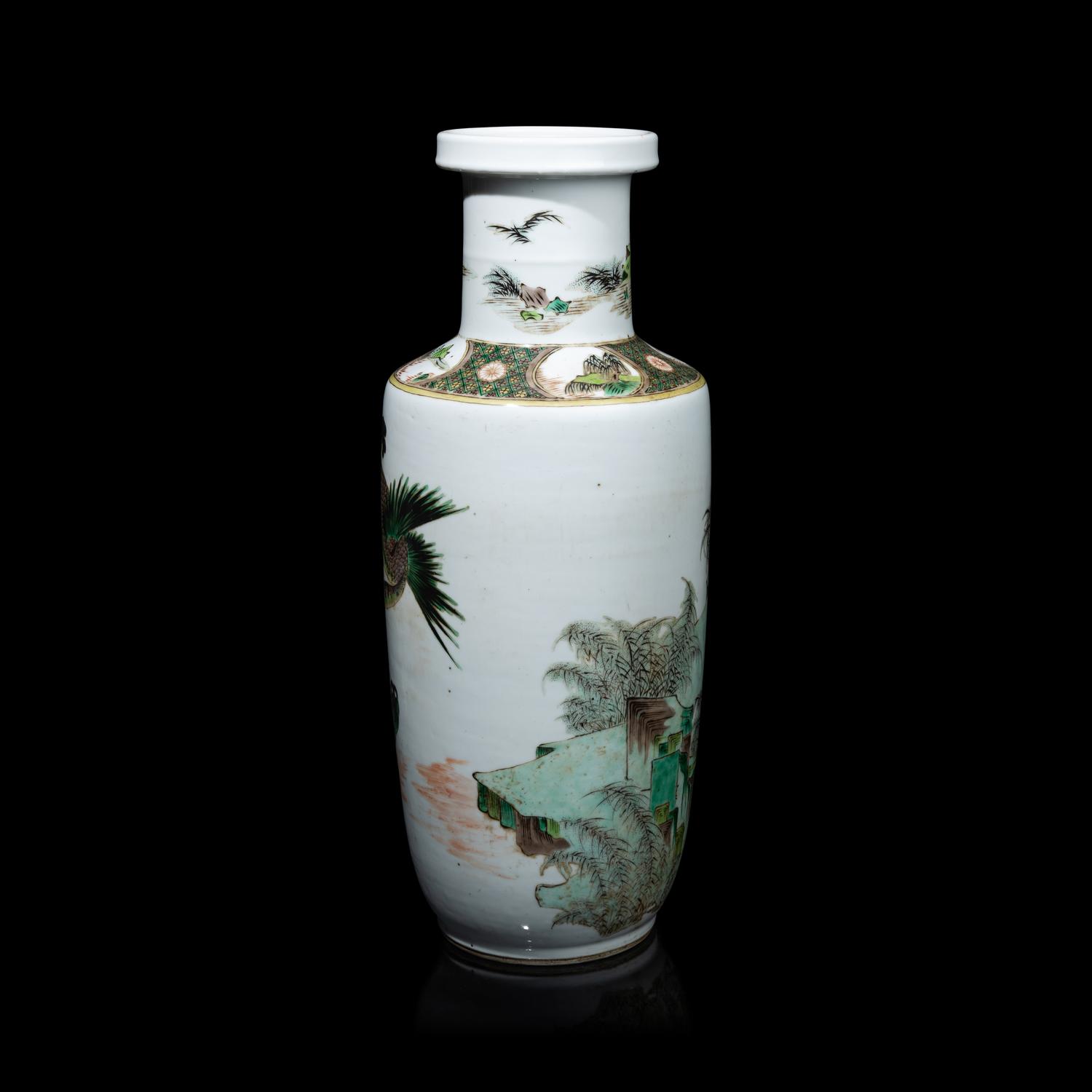 A Chinese Famille Verte 'Geese' Porcelain Rouleau Vase, Qing Dynasty 清 五彩蘆塘秋雁圖棒槌瓶