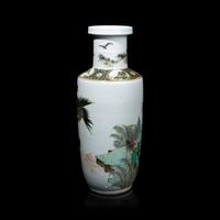A Chinese Famille Verte 'Geese' Porcelain Rouleau Vase, Qing Dynasty 清 五彩蘆塘秋雁圖棒槌瓶