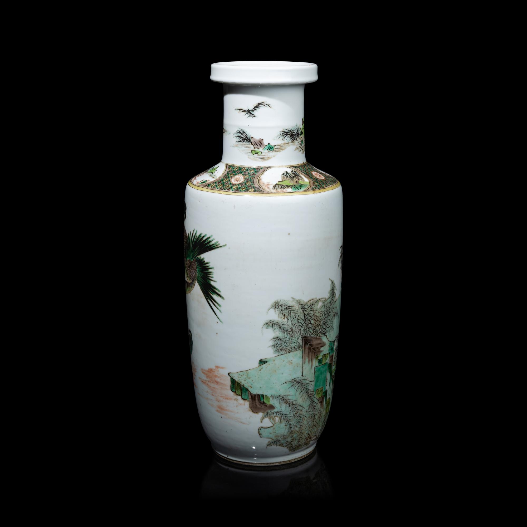 A Chinese Famille Verte 'Geese' Porcelain Rouleau Vase, Qing Dynasty 清 五彩蘆塘秋雁圖棒槌瓶