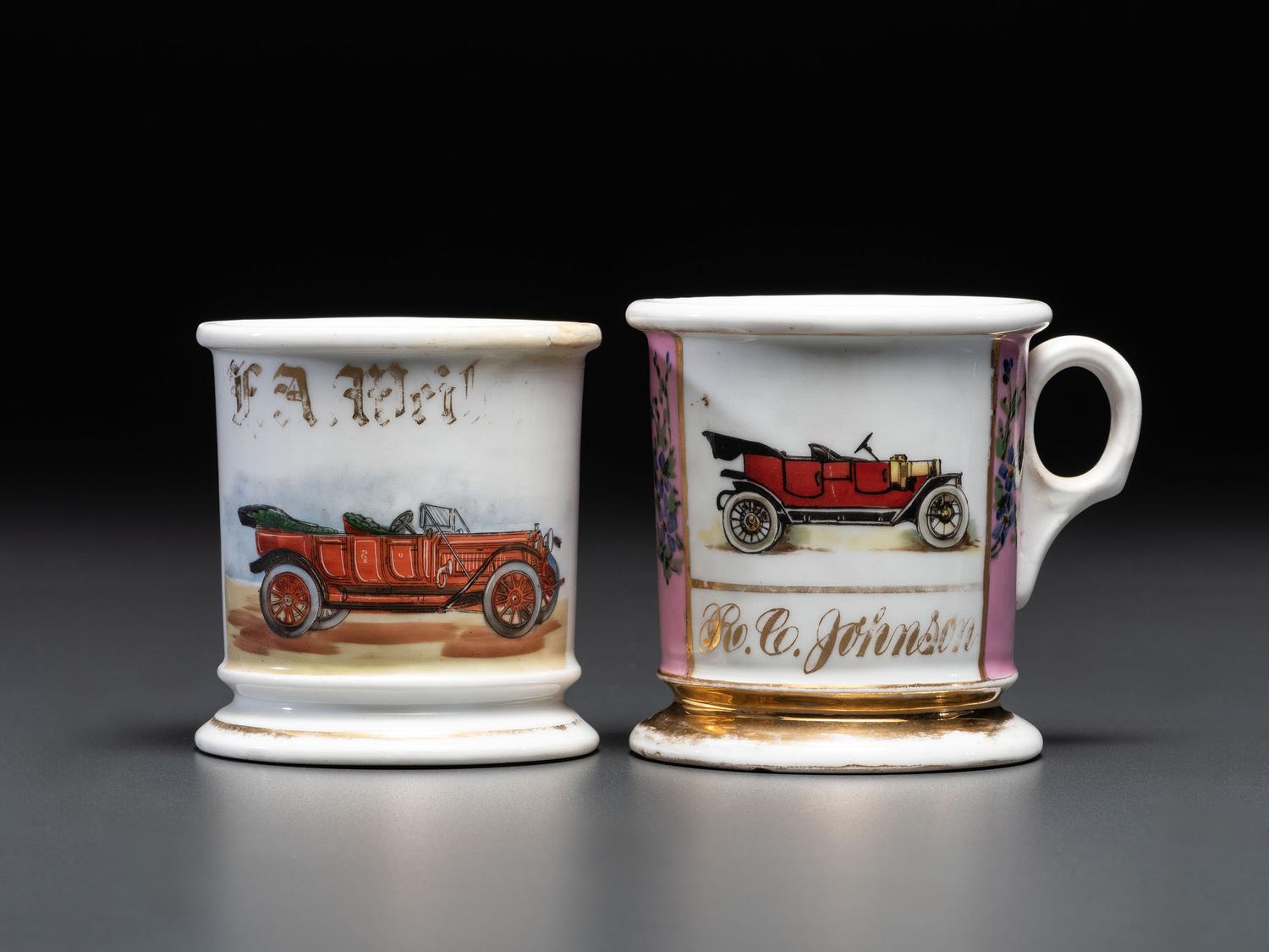 Two Porcelain Shaving Mugs Depicting Open Touring Cars