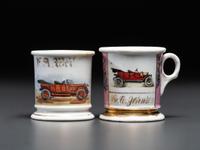 Two Porcelain Shaving Mugs Depicting Open Touring Cars