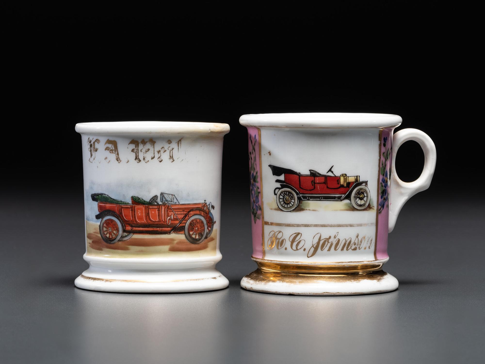 Two Porcelain Shaving Mugs Depicting Open Touring Cars
