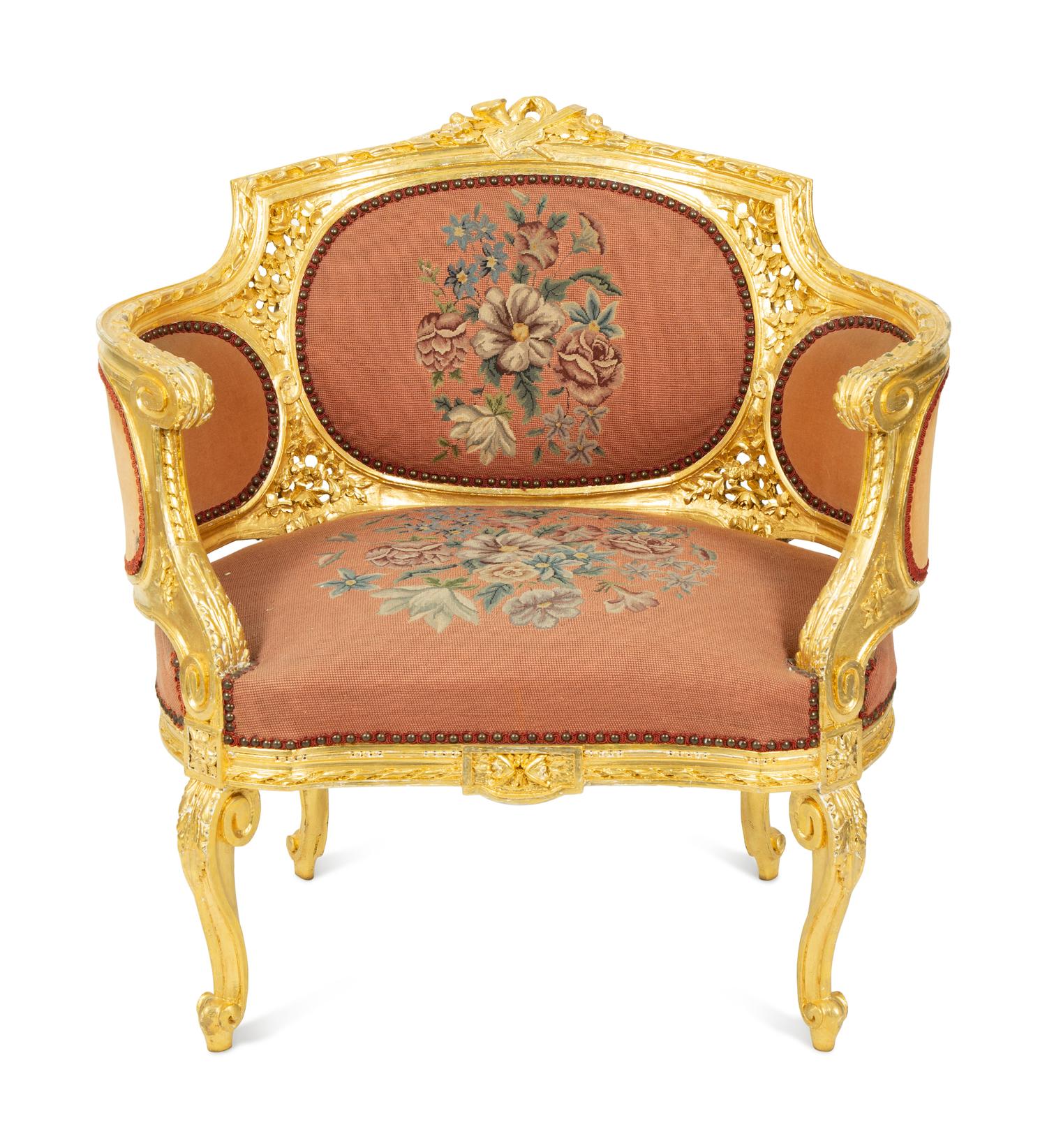 A Louis XVI Style Giltwood Bergere with Needlepoint Upholstery — 20TH CENTURY