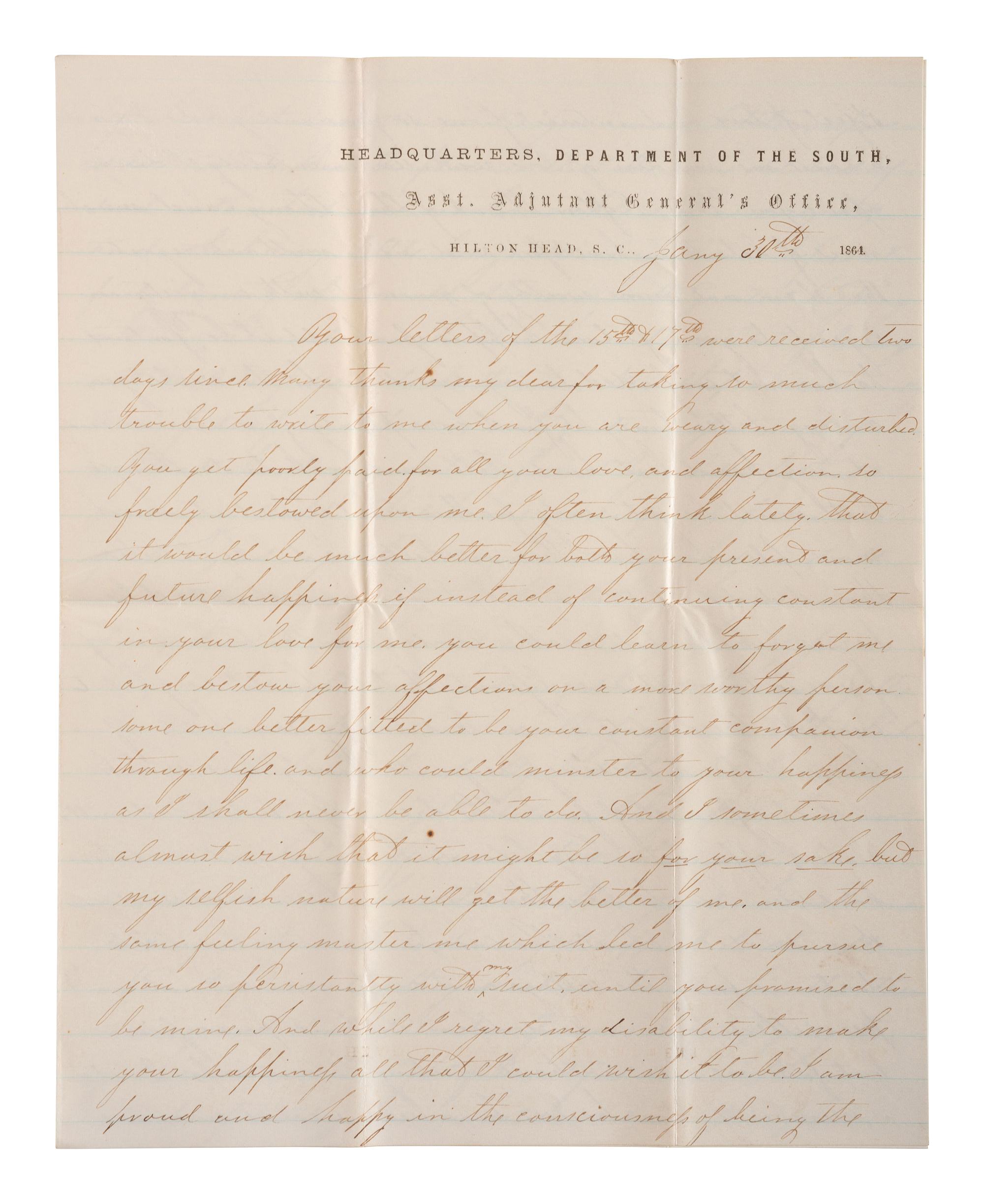 [CIVIL WAR]. War-date letters of Corporal Edwin J. Barden, 7th Regiment Connecticut Volunteer Infantry, combat soldier and later clerk at Headquarters Department of the South, Headquarters X Corps, and Headquarters US Army, Office of Chief Commissary.