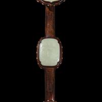 A Chinese Celadon Jade Inset Silver Inlaid Rosewood Ruyi Scepter, Late 19th-20th Century 晚清-民国 硬木嵌螺鈿青白玉福壽如意