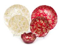 A Group of Reverse Decorated Glass Table Articles Diameter of largest 13 1/8 inches.