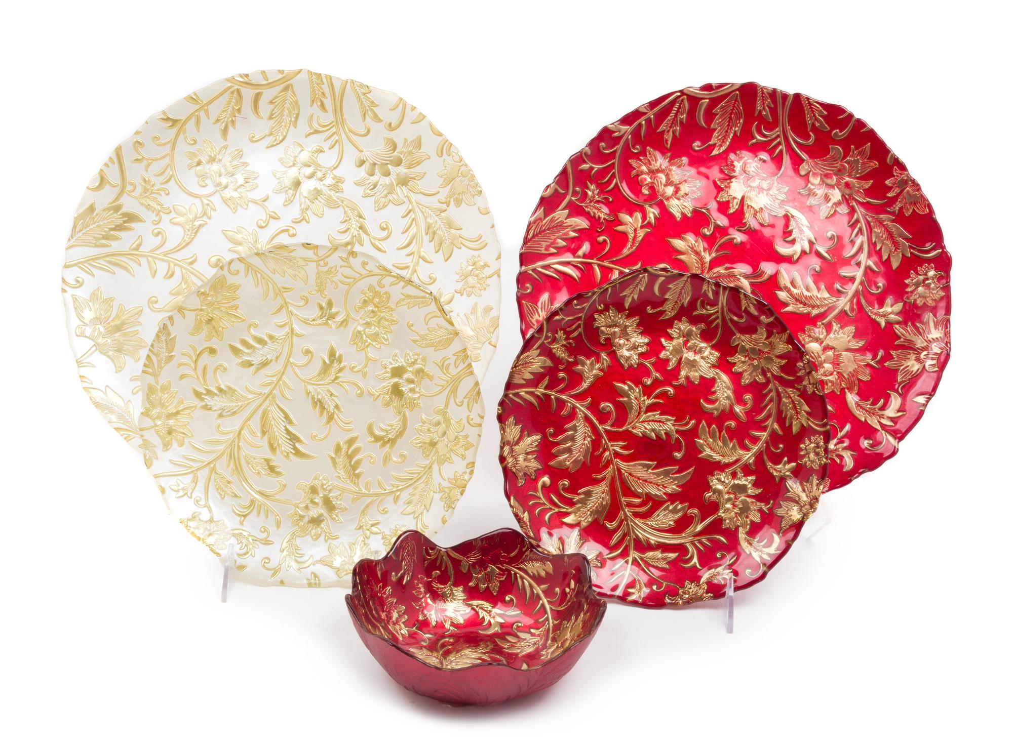 A Group of Reverse Decorated Glass Table Articles Diameter of largest 13 1/8 inches.