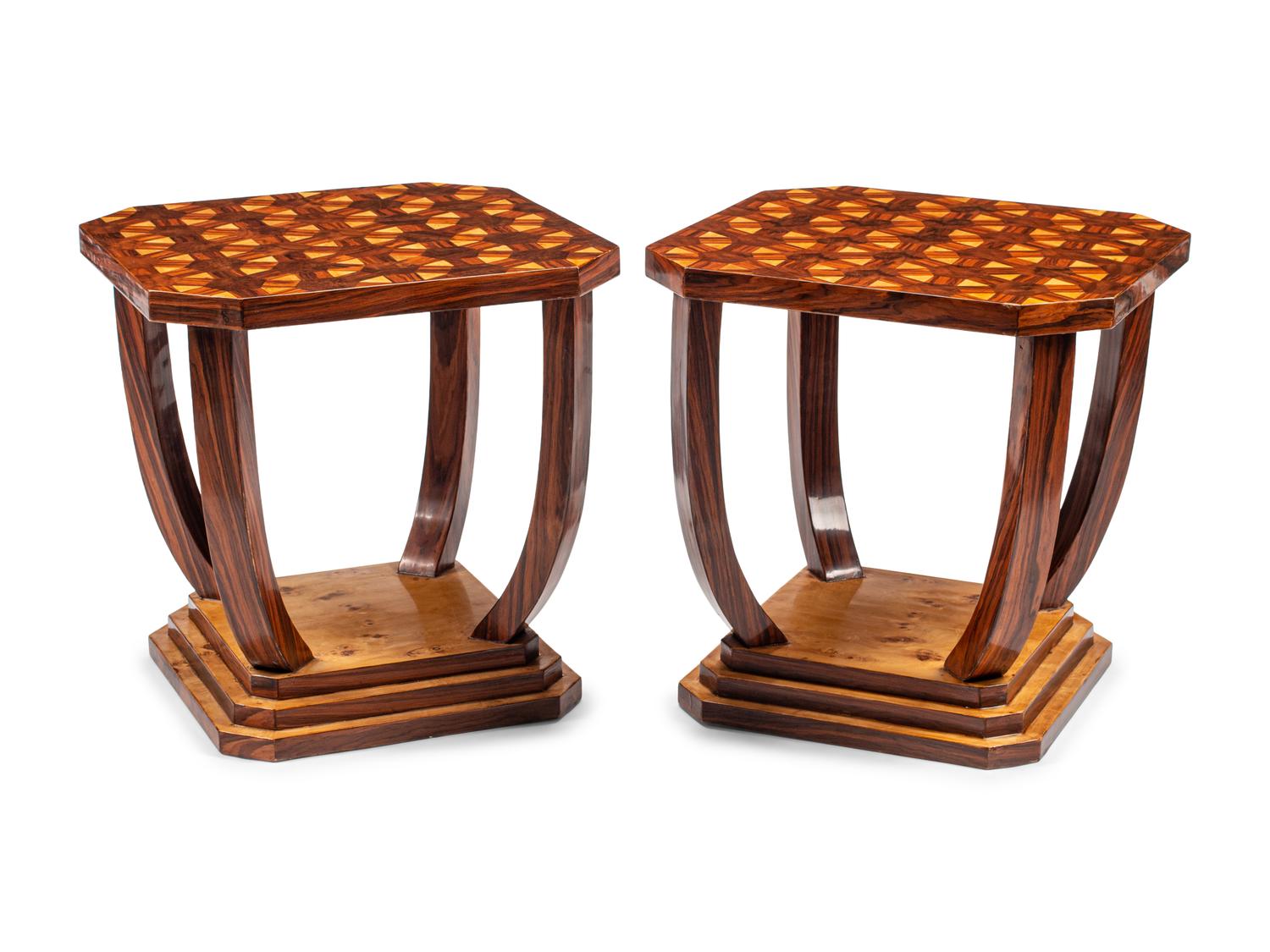 A Pair of Art Deco Style Burlwood and Parquetry Side Tables