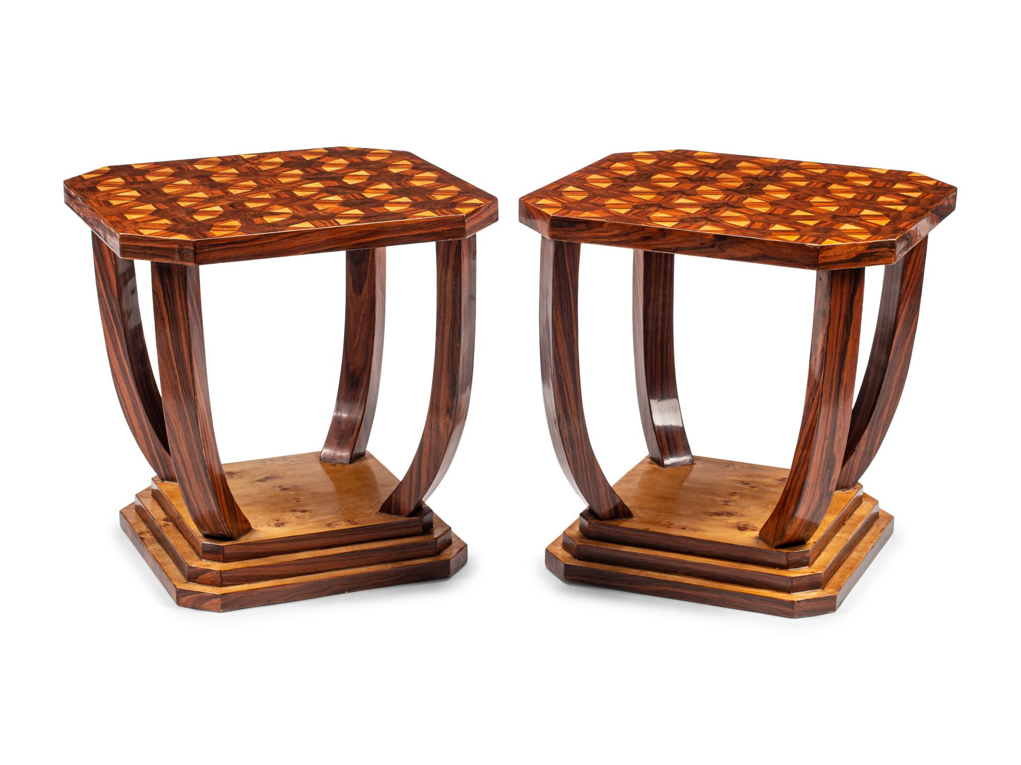 A Pair of Art Deco Style Burlwood and Parquetry Side Tables