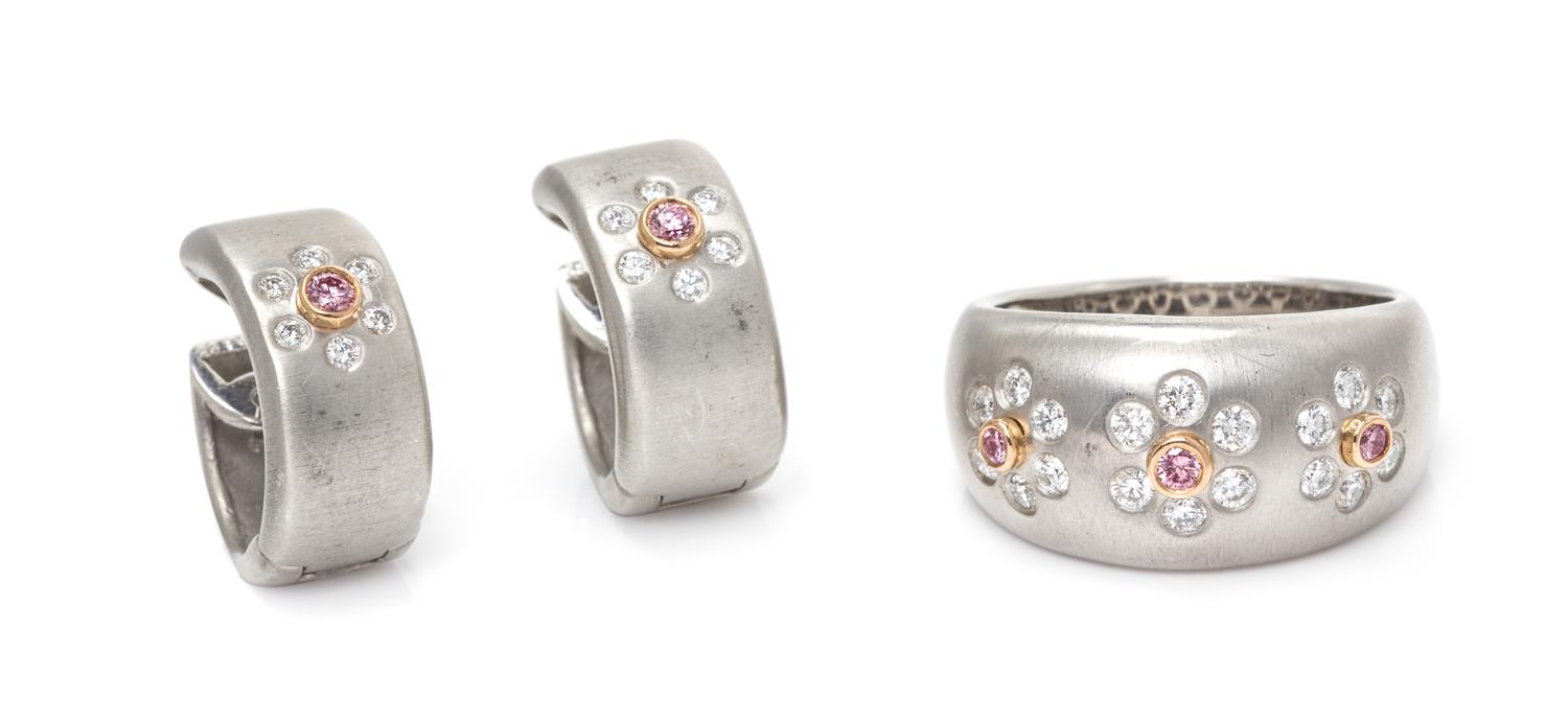 A Platinum, 18 Karat Rose Gold, Pink Diamond and Diamond Floral Motif Demi Parure, Suna, 9.70 dwts.