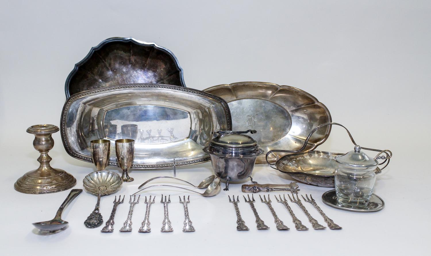 A Collection of American Silver Articles, Various Makers, comprising two Tiffany cups, a weighted Gorham candlestick, a handled basket,