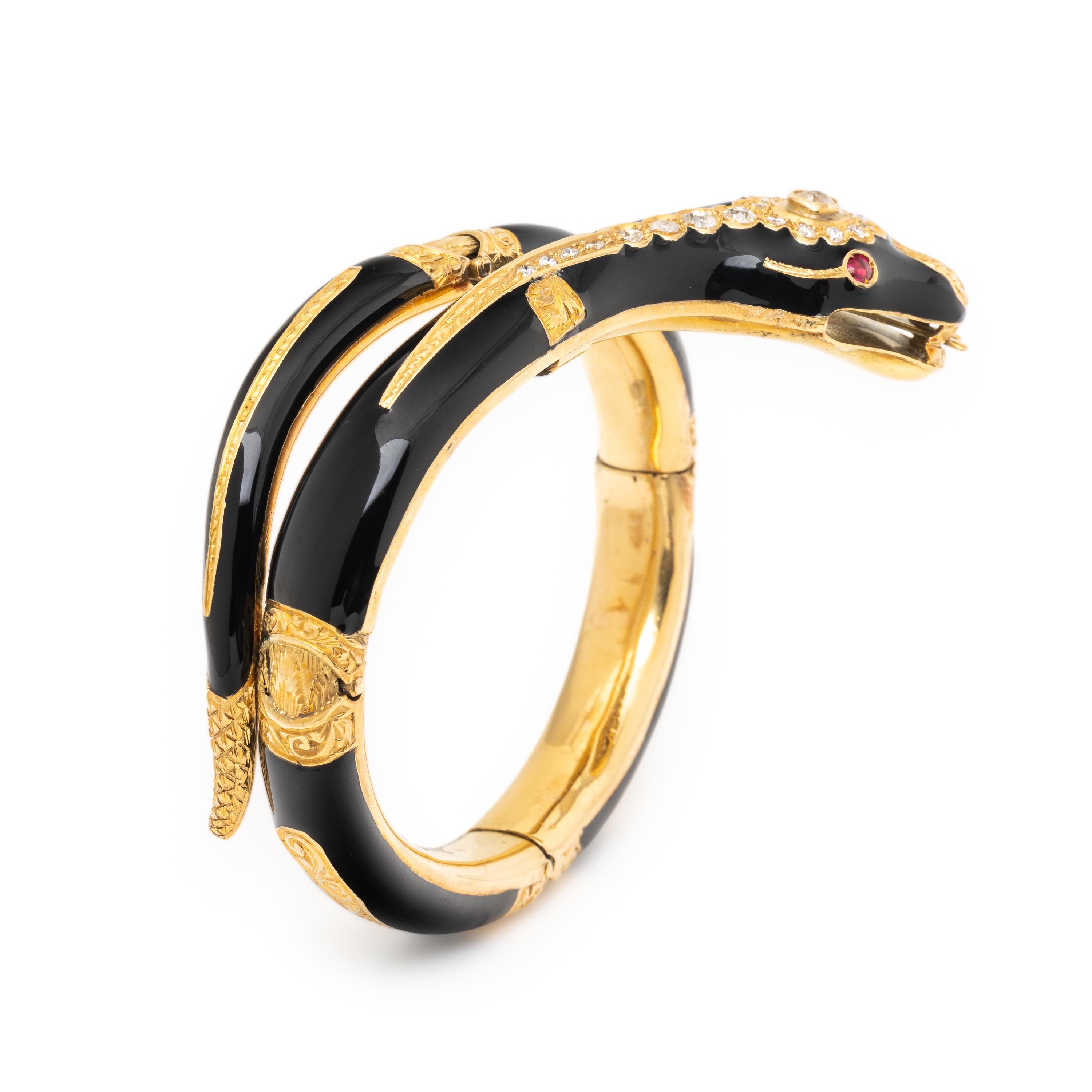 Diamond, Enamel, and Yellow Gold Snake Bangle Bracelet